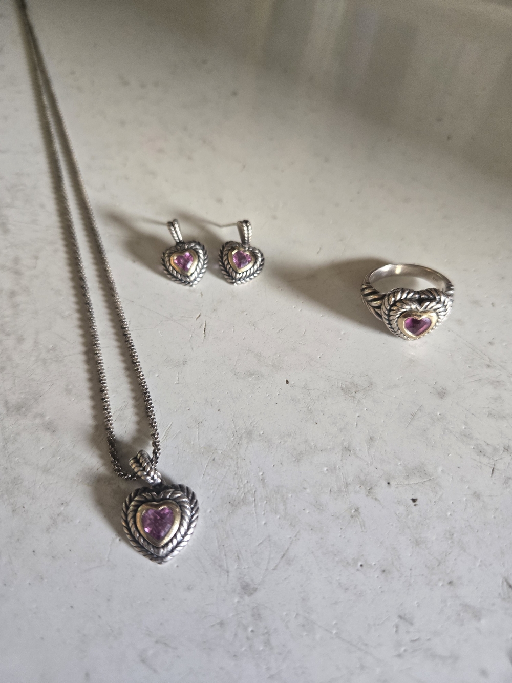 Sterling Silver 10K Gold Heart Necklace, Ring & Earring Set with Pink Gem